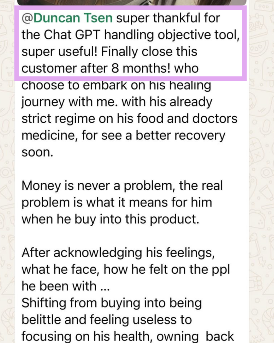 Testimonial screenshot from Quek.
