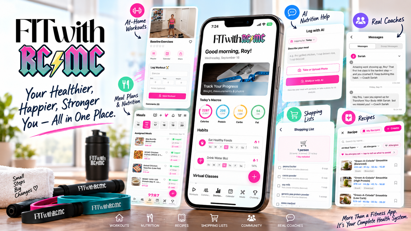 FIT With RCMC app dashboard shown across phone screens