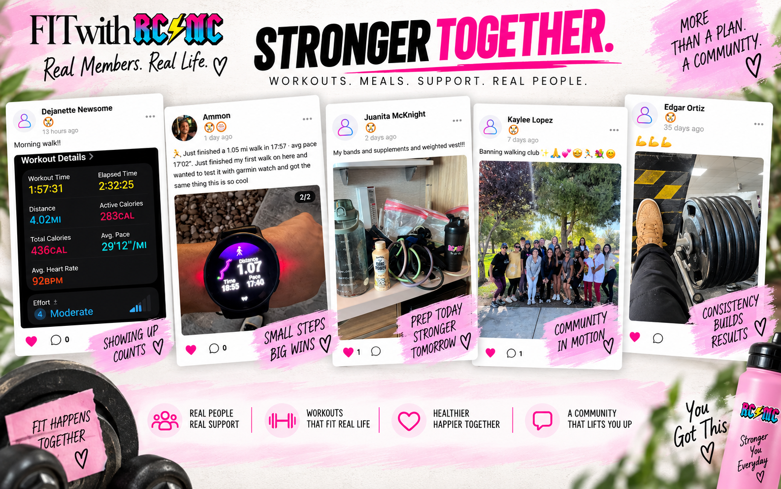 Collage of FIT With RCMC community moments: workouts, meal photos, encouragement, wins