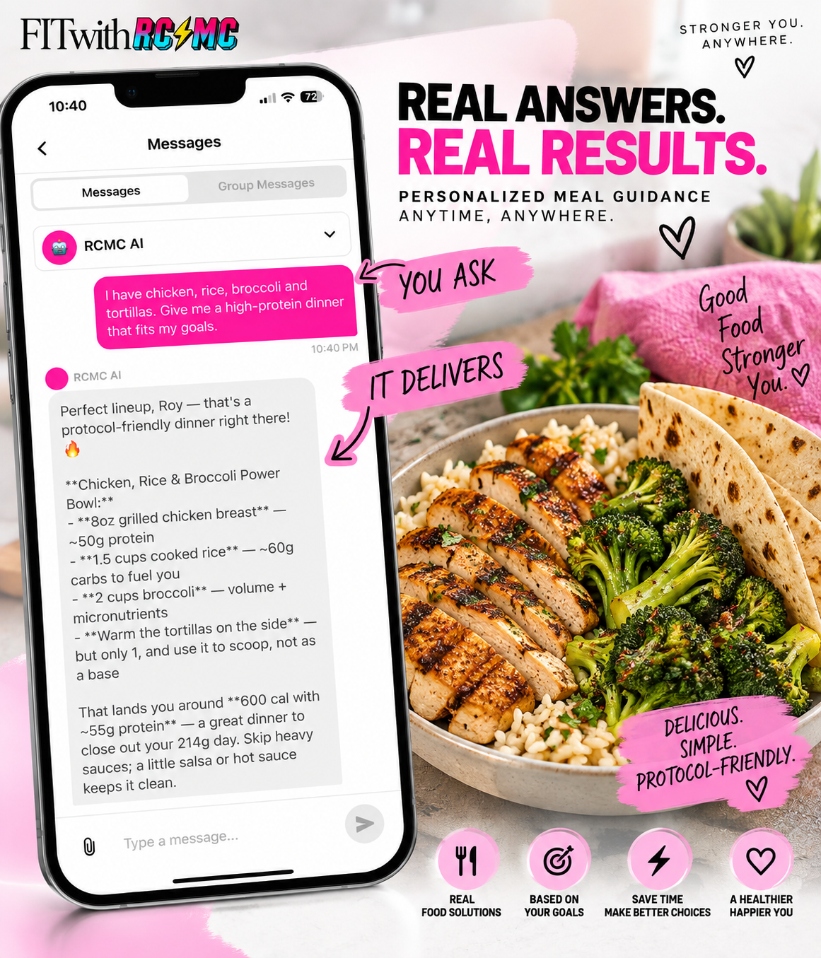 FIT AI conversation suggesting a high-protein dinner recipe
