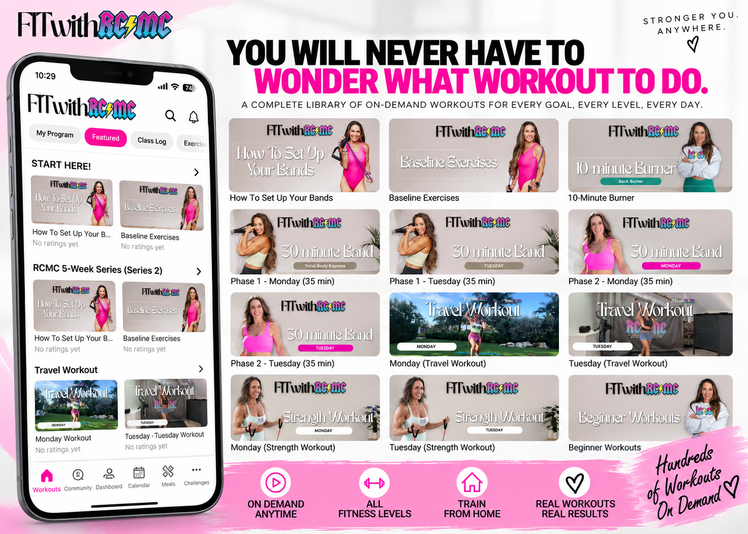 Collage of workout thumbnails: lower body, upper body, full body, bands, core, strength and quick workouts