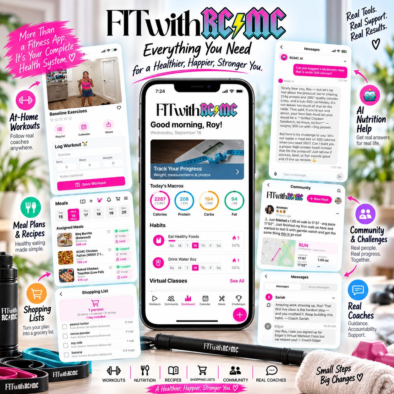 FIT With RCMC ecosystem showing workouts, meal plans, AI, shopping lists, community and coaching around a central phone