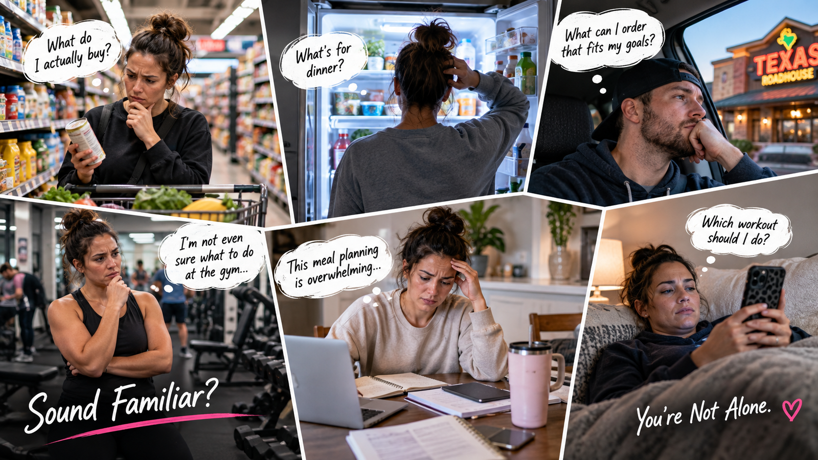 Collage of everyday moments: confused in the grocery store, staring into the fridge, unsure at the gym