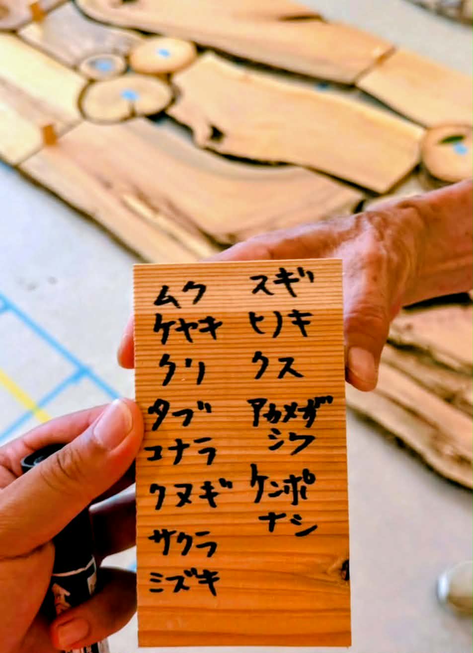 スギ、ヒノキ、ケヤキ、クリ、クス、タブ、サクラ、ミズキなどの木の種類を記した木片