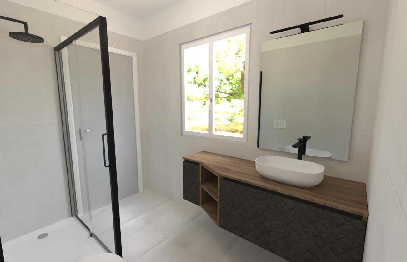 Rendering Zaninoni di un bagno con materiali e rivestimenti