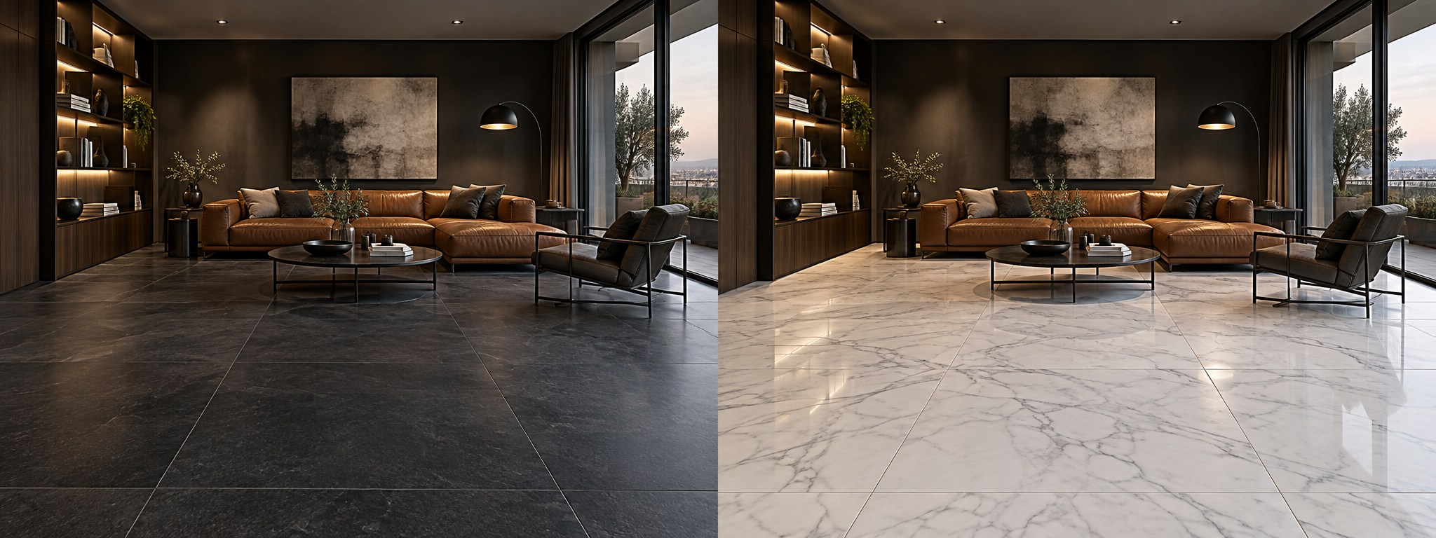 Confronto dello stesso salone con pavimento scuro e marmo bianco