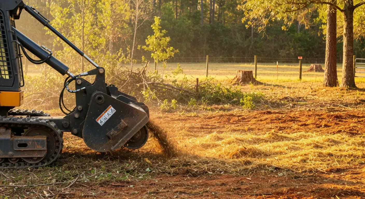 Forestry mulching equipment clearing overgrown land