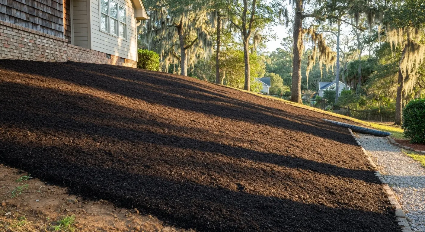 Mulch applied to slope for erosion control
