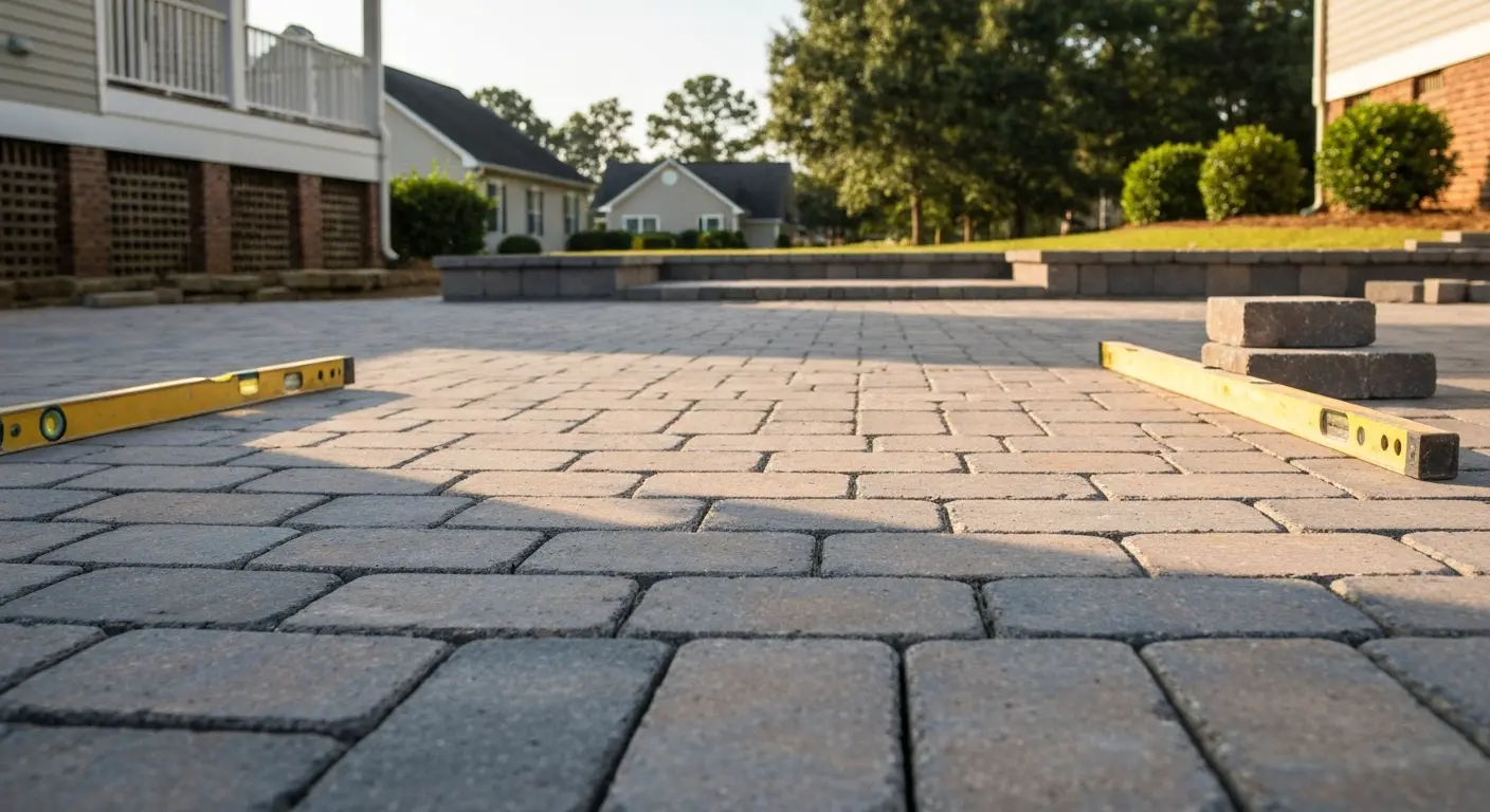 Hardscape installation with pavers and stonework