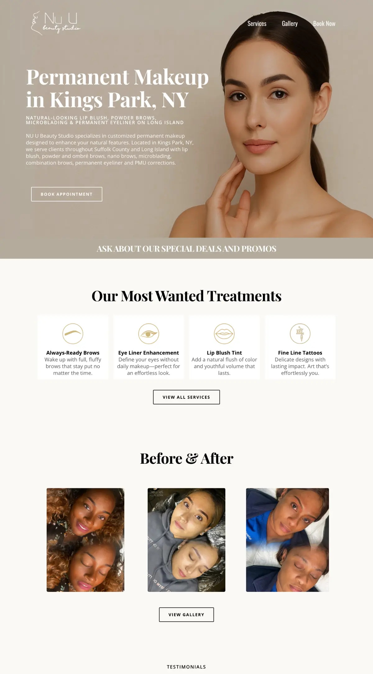 Nu U Beauty Studio website on desktop