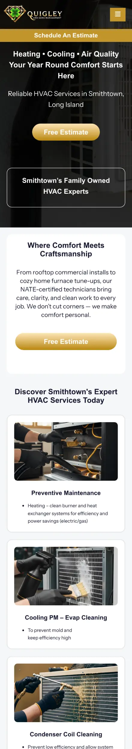 Quigley & Son’s HVAC website on a phone