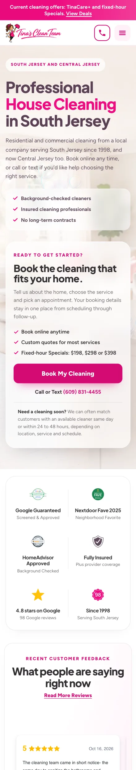 Tina’s Clean Team’s new site on a phone, built by Chris at Wizard Web Service