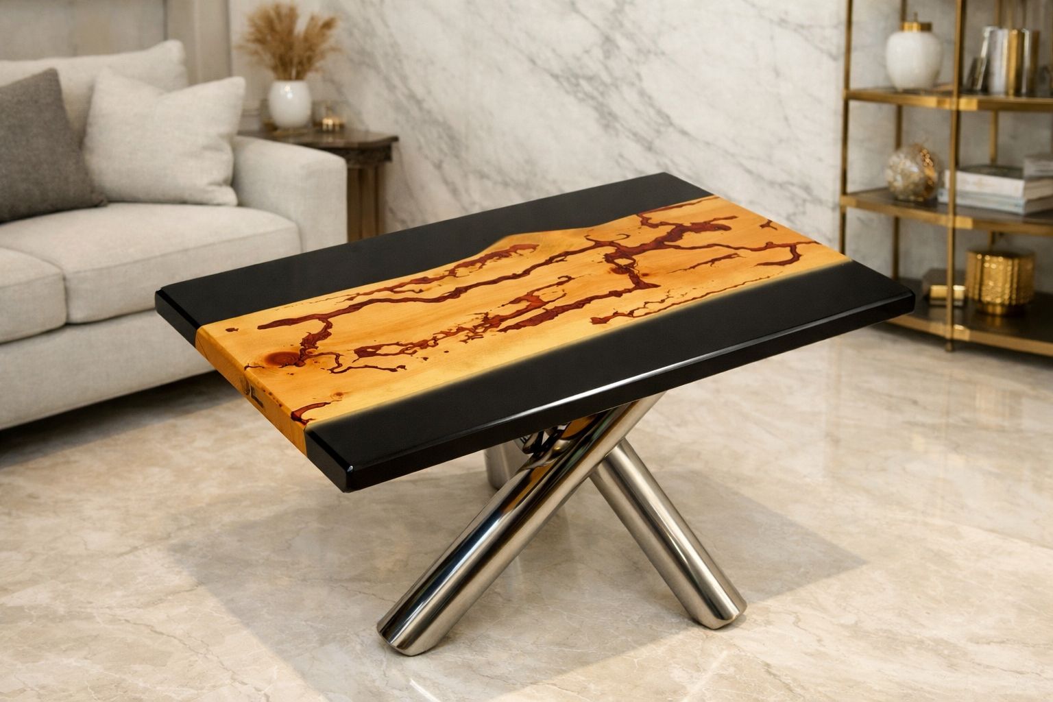 Epoxy river table with natural wood edges
