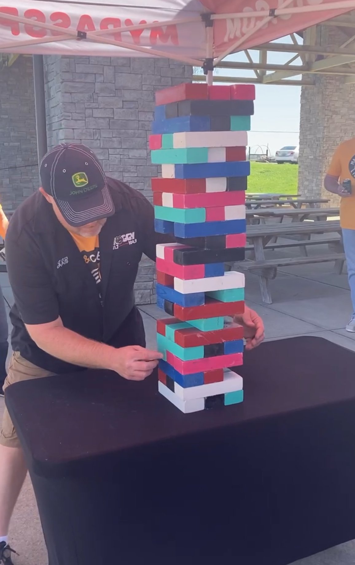 Giant Jenga game showing portable oversized event entertainment equipment.