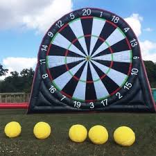 Complete giant inflatable Soccer Darts target showing the full game equipment used at outdoor events.