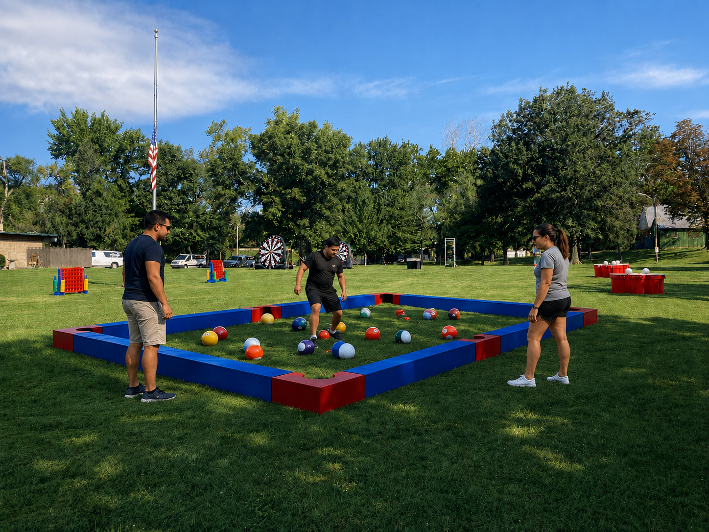 Giant soccer darts game with an oversized dartboard target, available for event rentals.