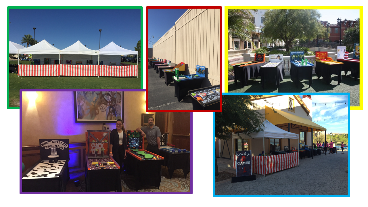 Collage showing multiple carnival game displays and activity stations for community festival planning.