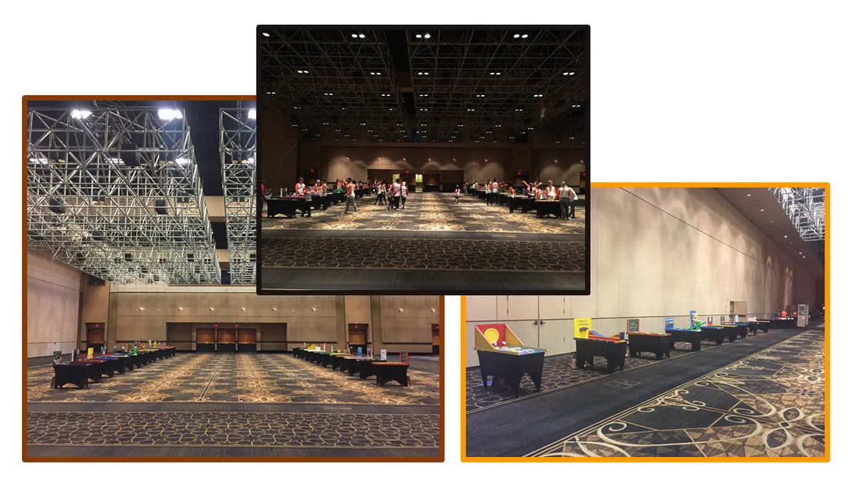 Indoor event hall with multiple carnival game tables and participating guests, showing an example of interactive entertainment setup