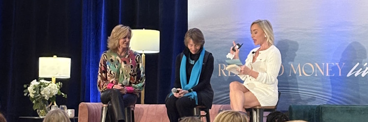 Panel discussion at the Relaxed Money Live event featuring Lynne Twist and Kate Northropp discussing sustainable wealth, money mindset, and financial well-being.