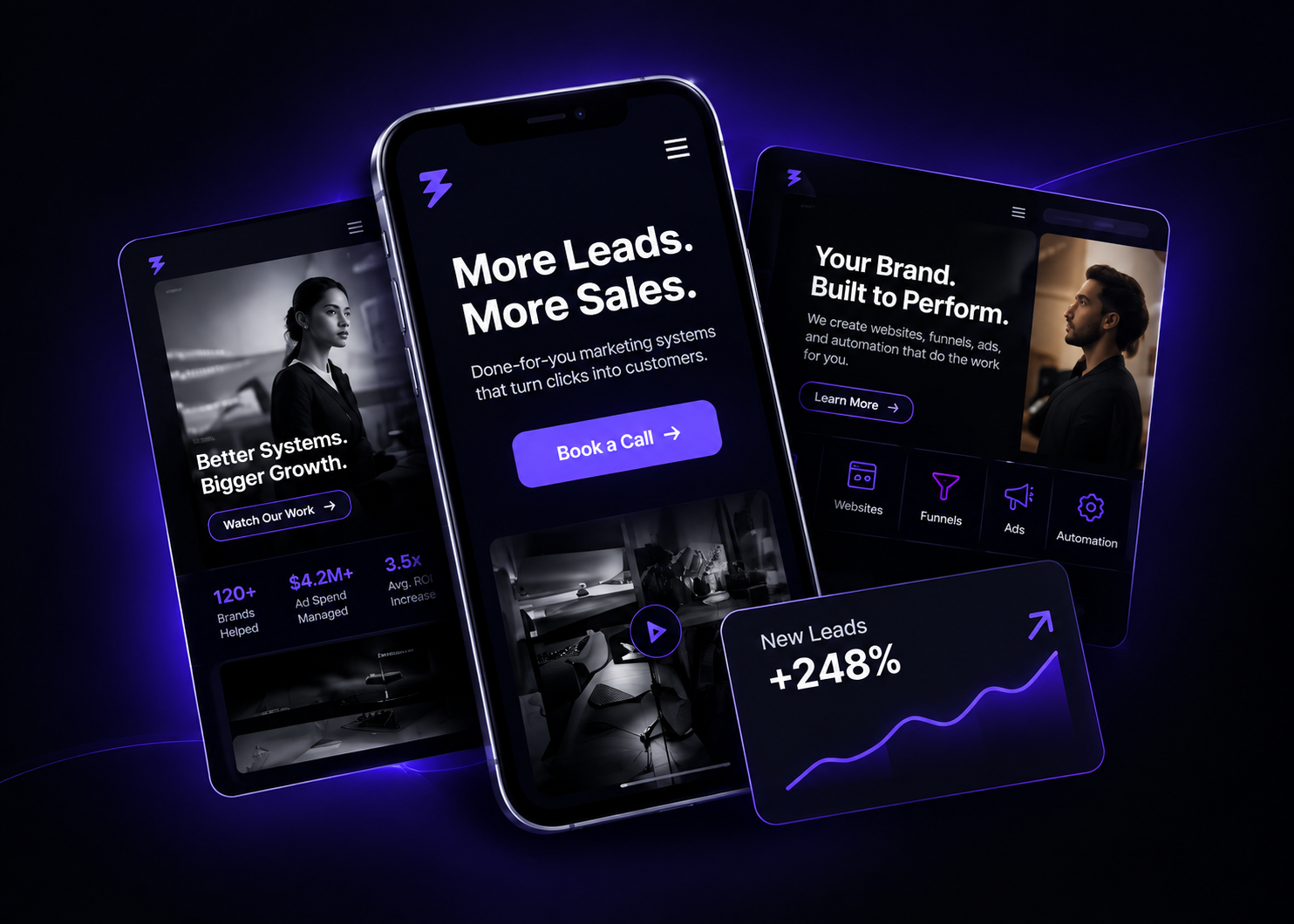 Websites, funnels and content built by 3 Second Media, shown on phone and desktop