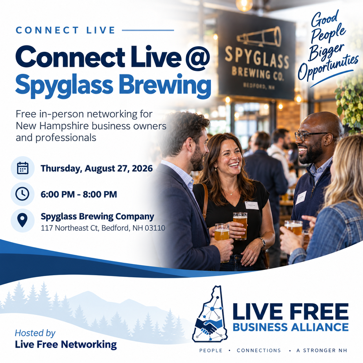 Business owners connecting at a Connect Live event at Spyglass Brewing in Bedford, New Hampshire