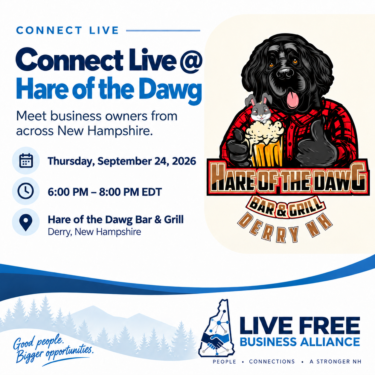 Connect Live networking event gathering at Hare of the Dawg in Derry, New Hampshire