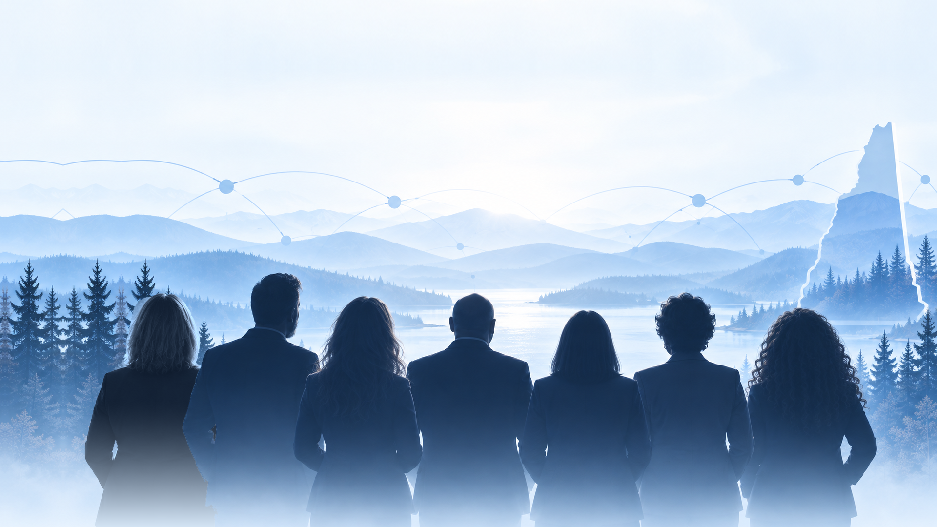 Seven board member silhouettes overlooking a blue mountain and lake landscape with network connections and a New Hampshire outline