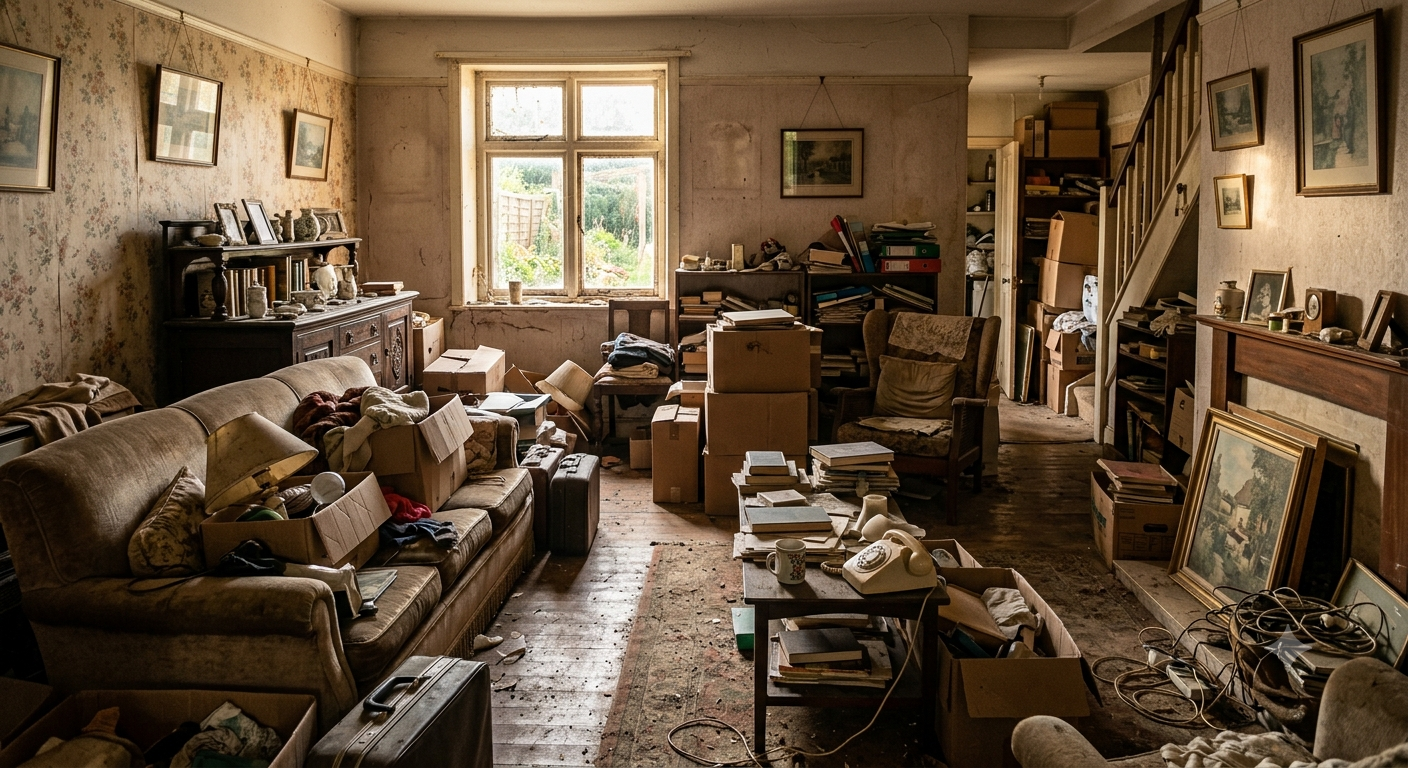 Cluttered house interior — leave it, we handle cleanup