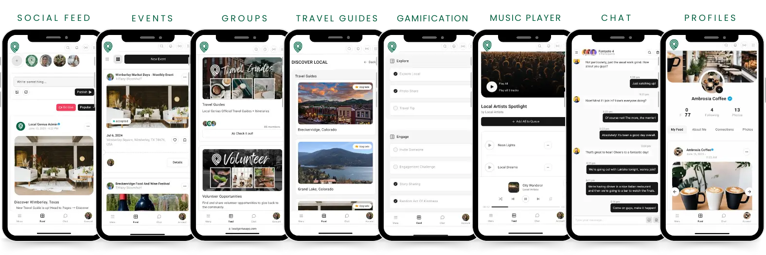 Community Features Social Feed Events Groups Travel Guides Gamification Goals Music Player Streaming Chat DM Profiles