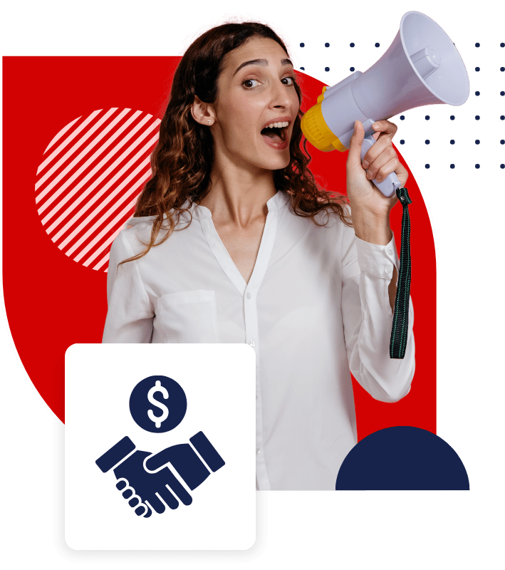 A woman holding a megaphone to announce the REDBO affiliate program