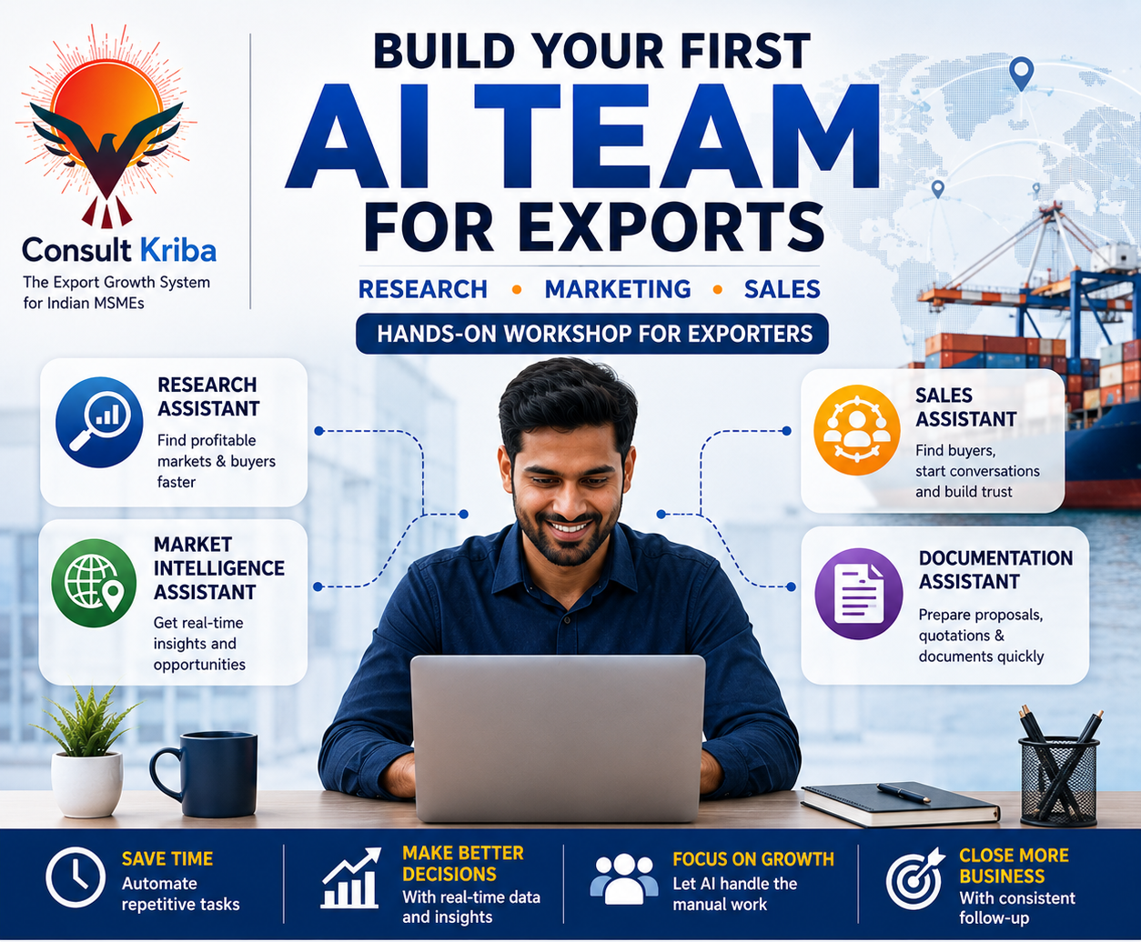 Illustration of an Indian exporter using a laptop with AI team members supporting research, communication and business growth