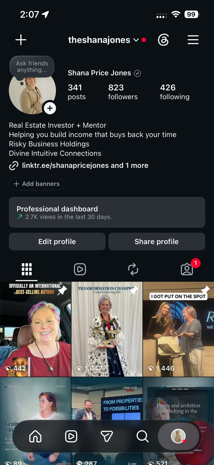 Instagram profile home screen showing the plus button