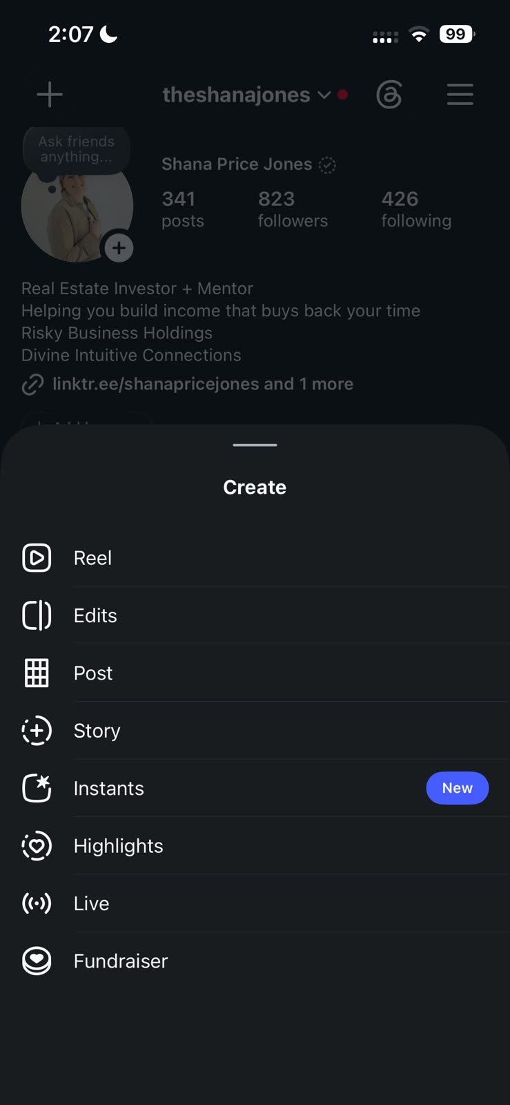 Instagram create menu showing Post Story and Reel