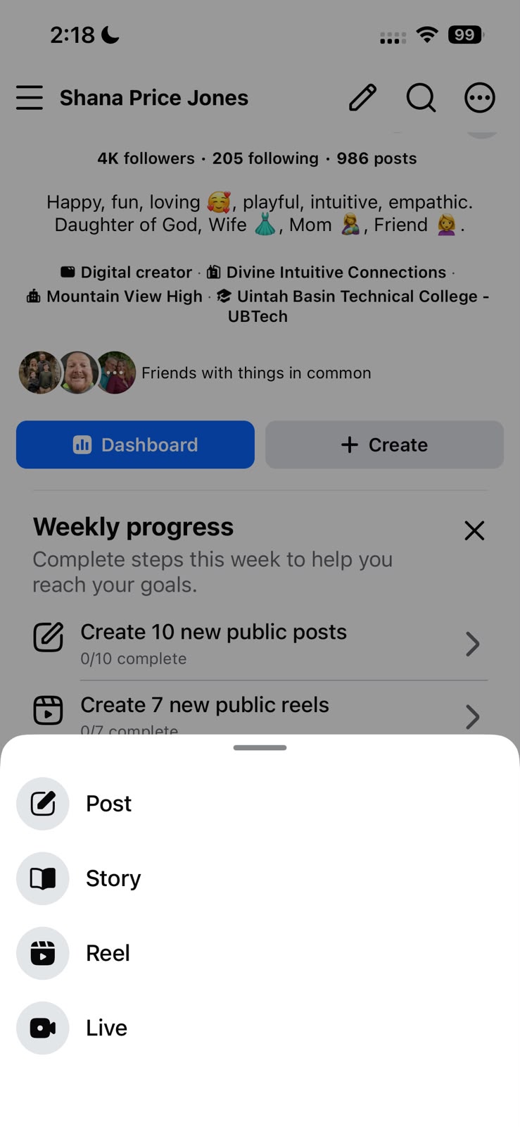 Facebook creation menu showing Post Story and Reel options