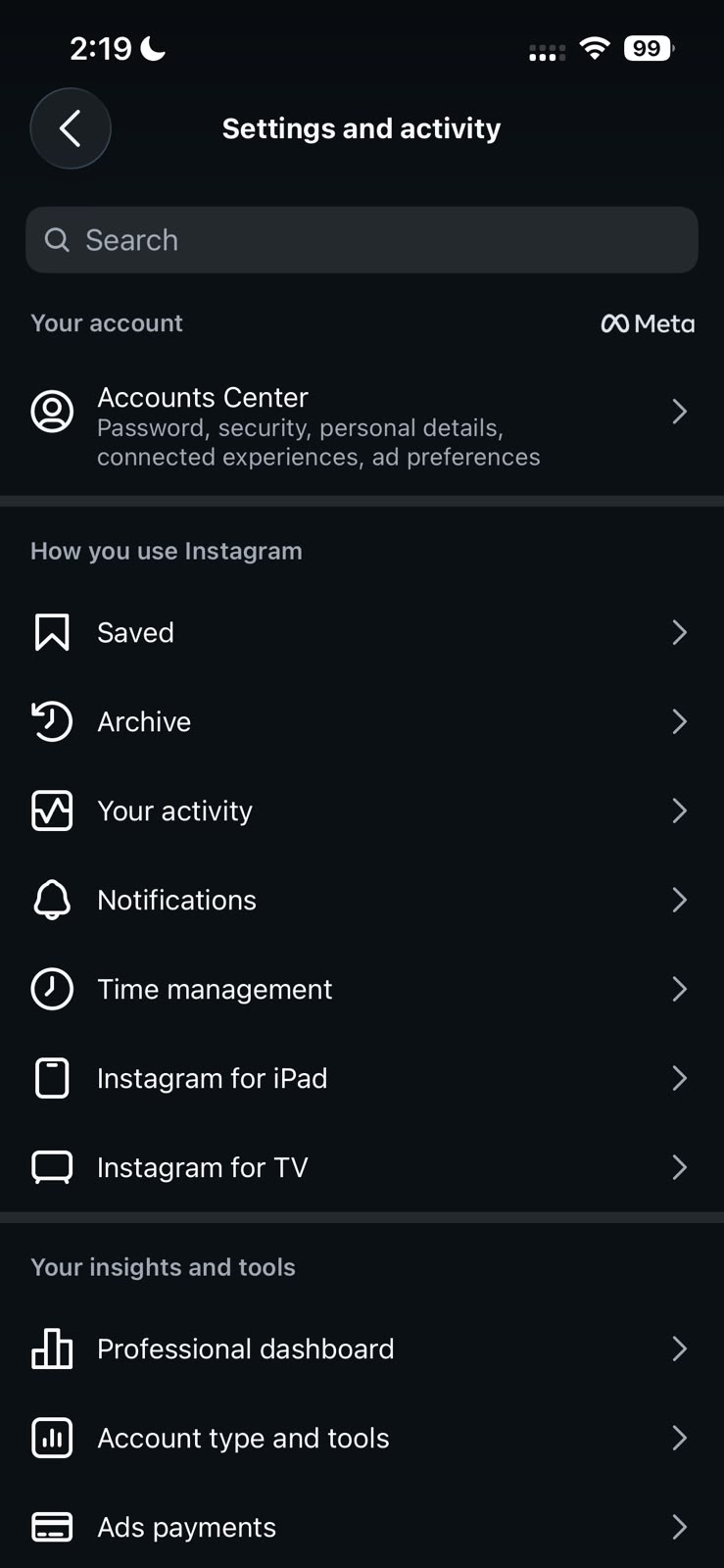 Instagram settings showing where to find Accounts Center