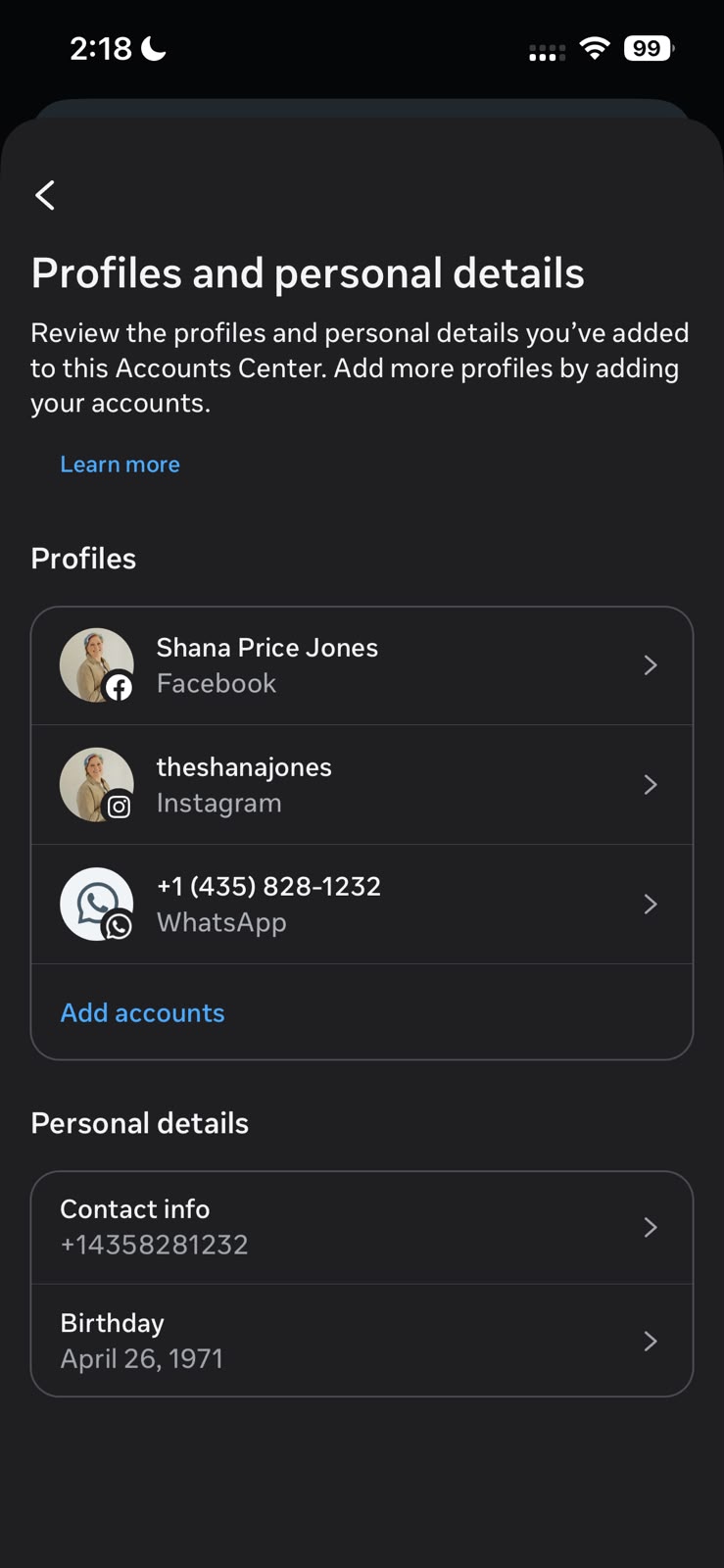 Instagram Accounts Center showing profile sharing across accounts