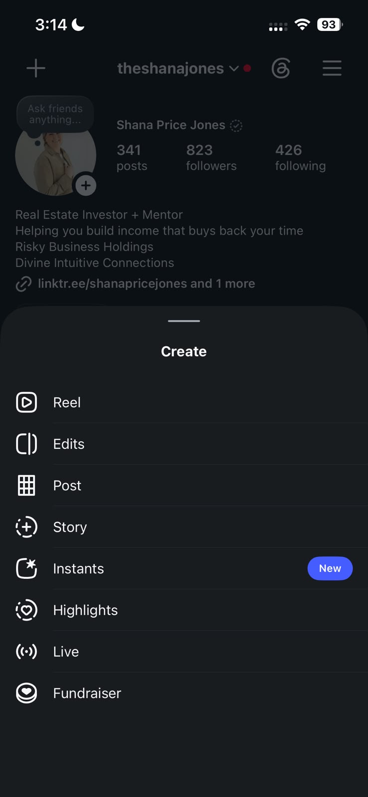 Instagram menu showing the Reel option