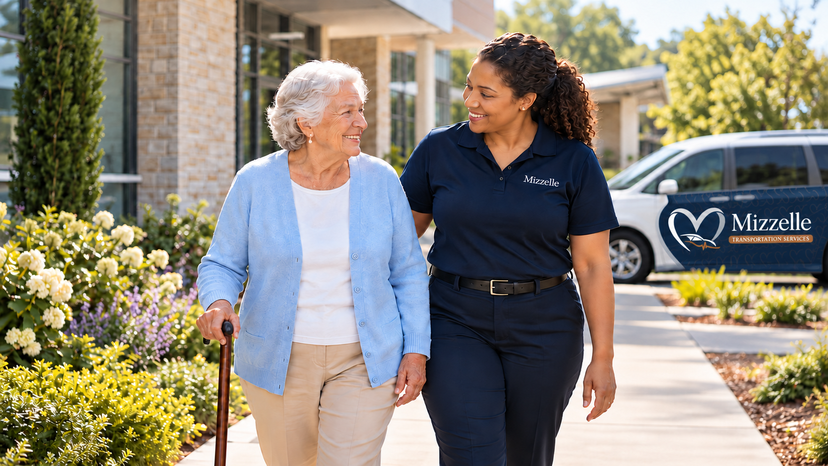 Illustration of a Mizzelle transportation team member walking beside an older woman with a cane, with a branded Mizzelle van behind them.