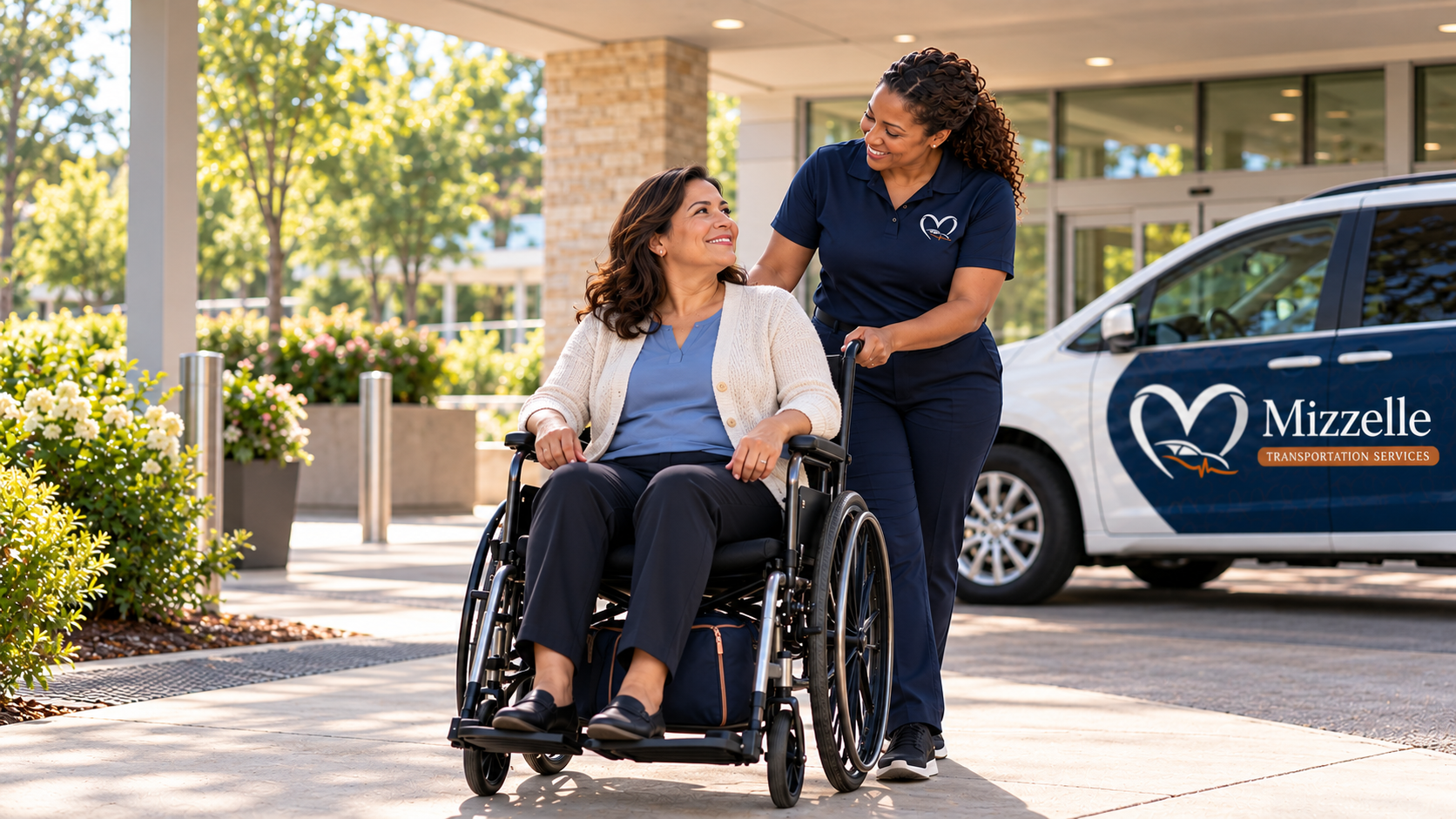 A passenger in a wheelchair and a transportation team member beside a Mizzelle-branded van.