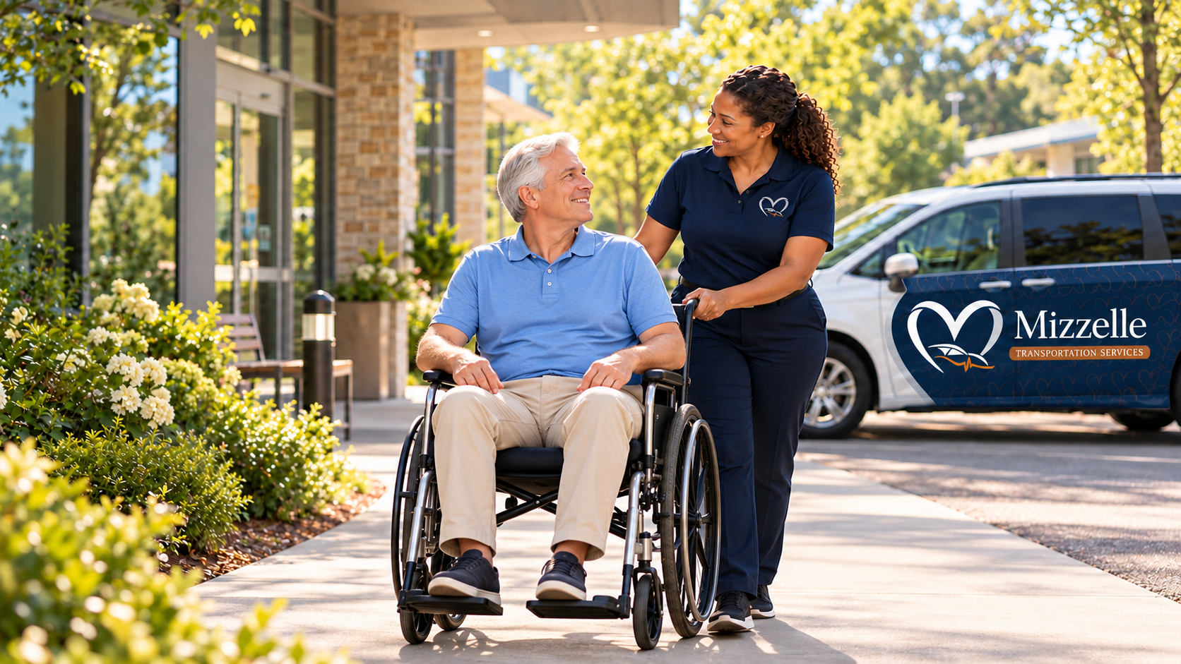 A passenger in a wheelchair and a transportation team member beside a Mizzelle-branded van.