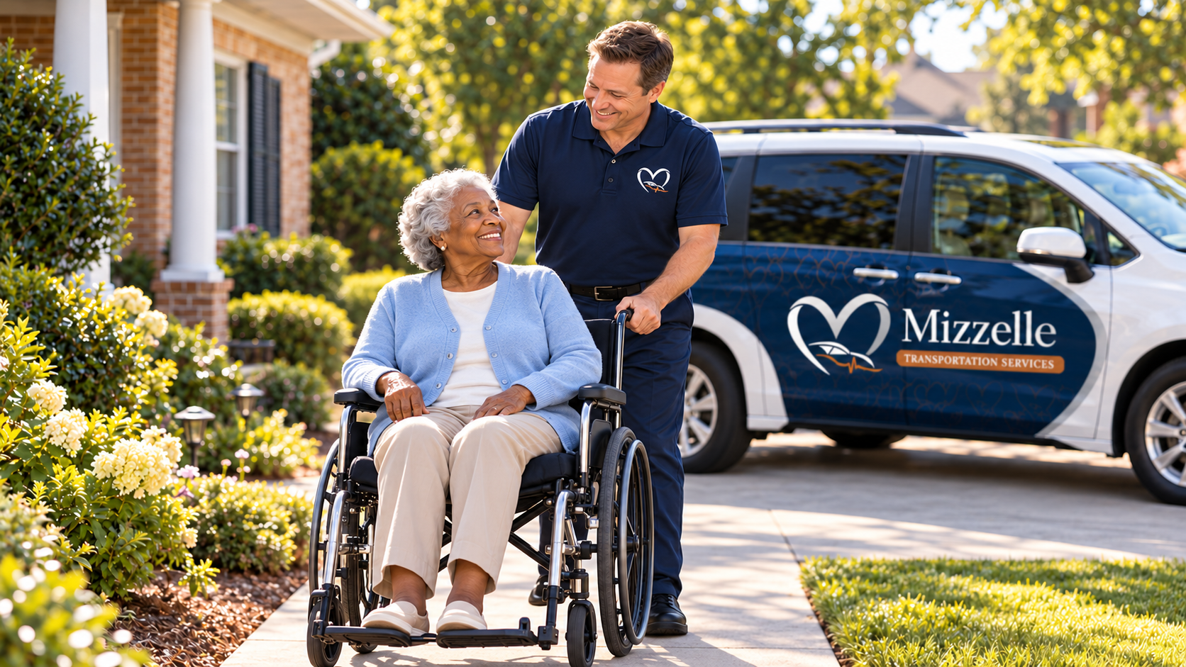 An older passenger in a wheelchair smiling with a transportation team member outside a home beside a Mizzelle-branded van.