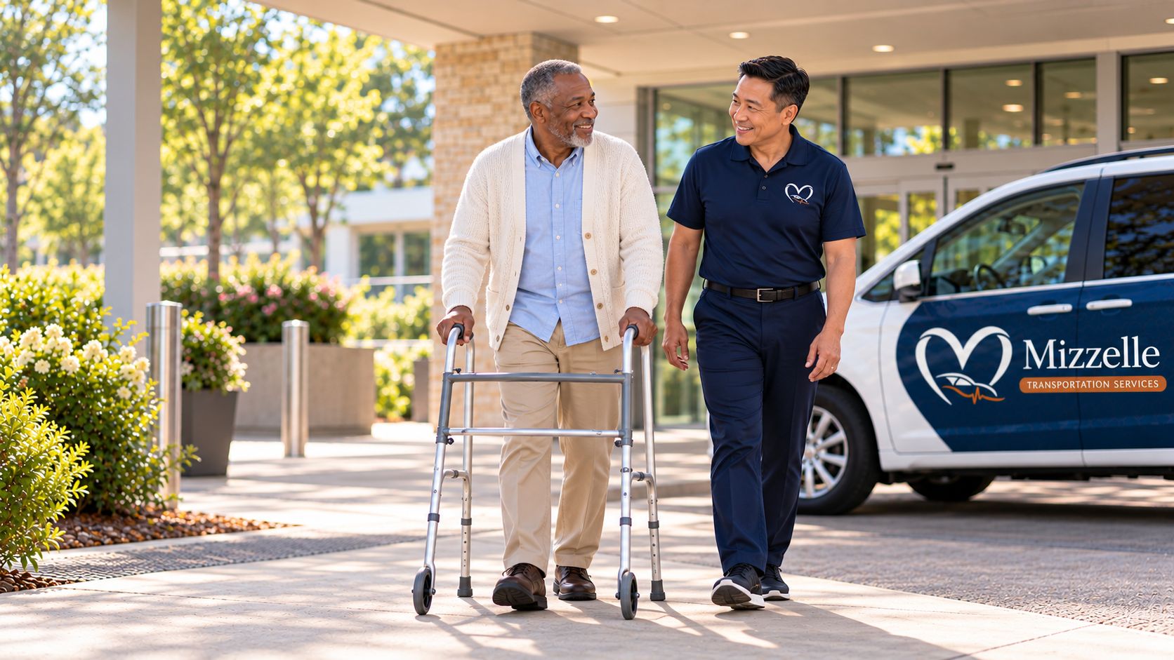 A passenger with a walker and a transportation team member outside a facility beside a Mizzelle-branded van.