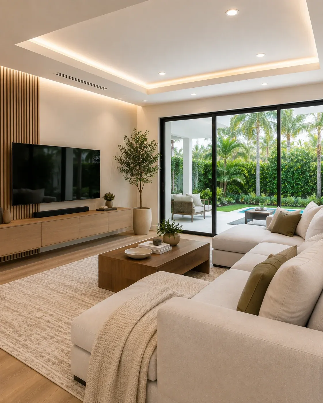 Open-plan living room remodel with oak flooring and black-framed glass doors