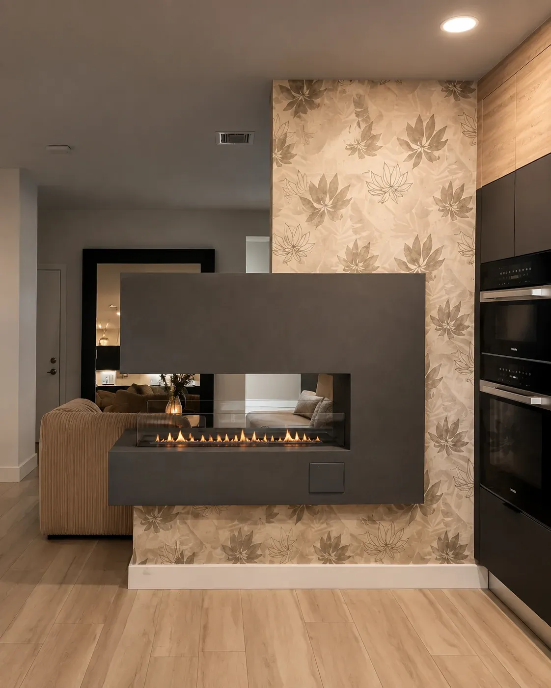Linear fireplace feature wall dividing kitchen and living area
