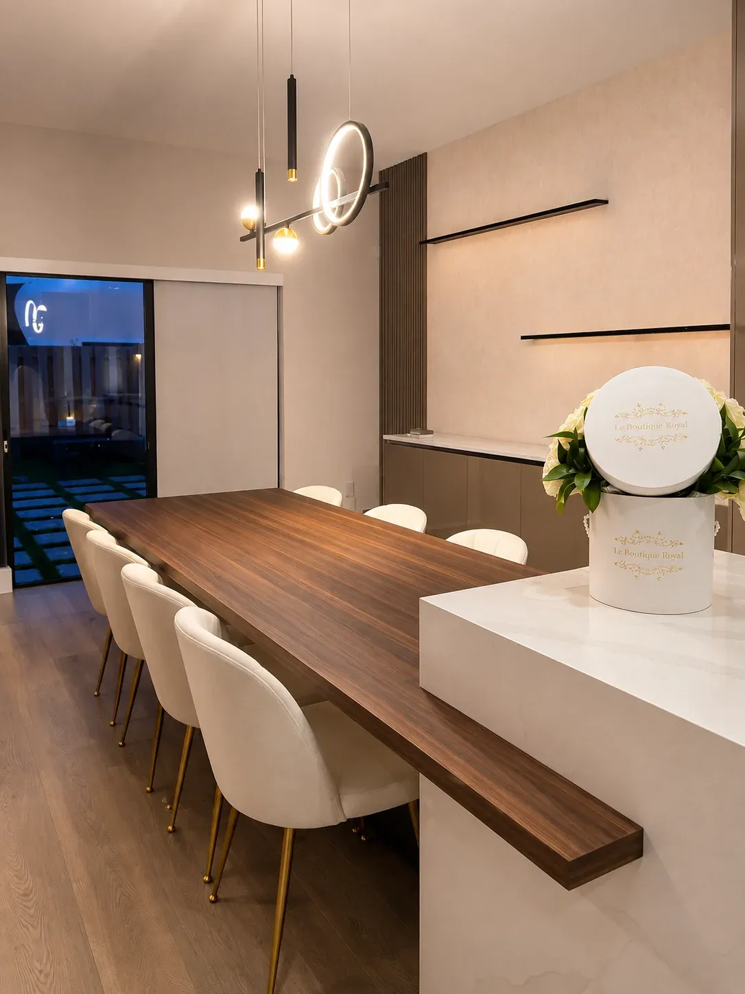 Dining area remodel with waterfall-edge counter and walnut table