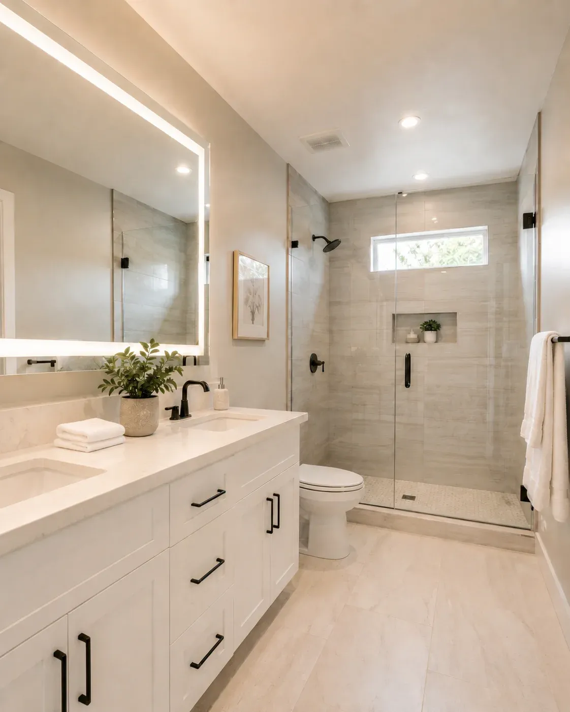 Full bathroom remodel with double vanity, backlit mirror and walk-in shower