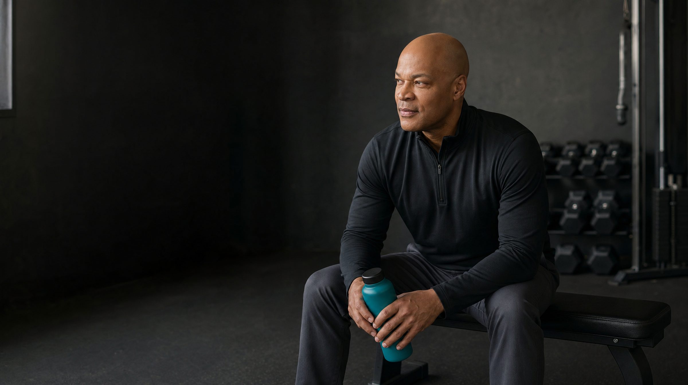 Stephen Holt, CSCS, seated on a weight bench in a gym