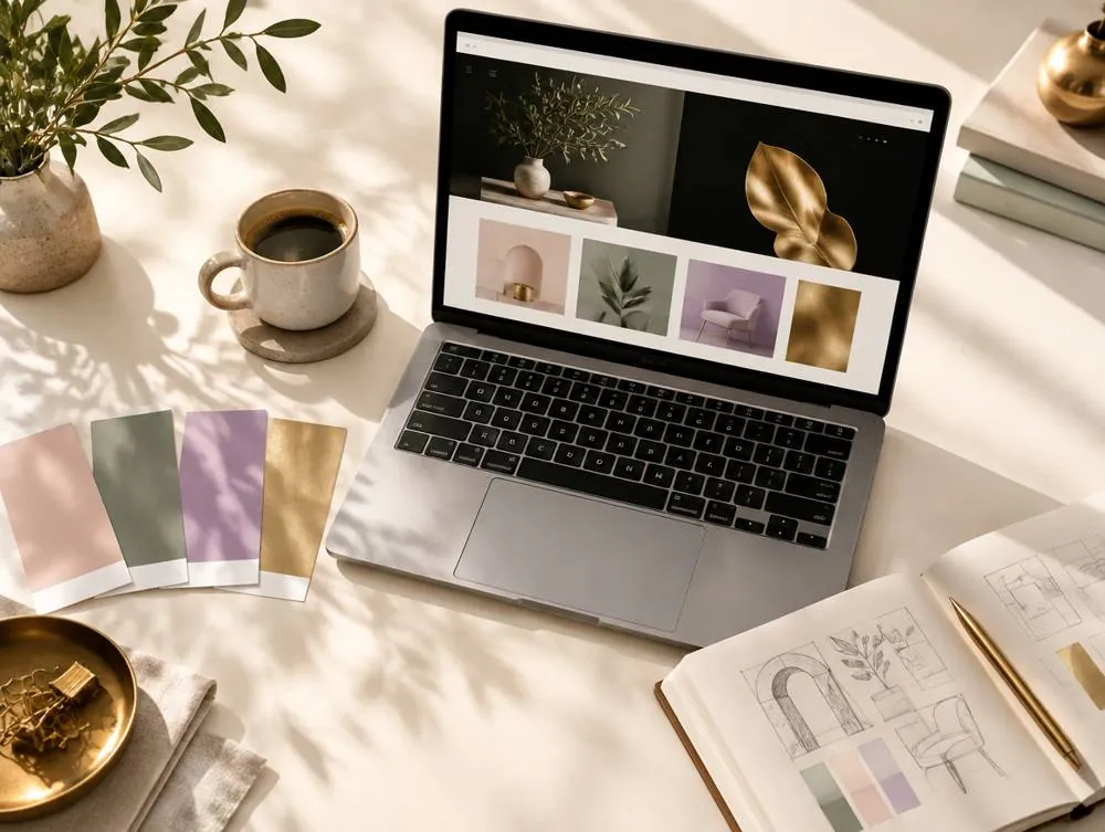 A designer's desk with a laptop showing a website layout and color swatches
