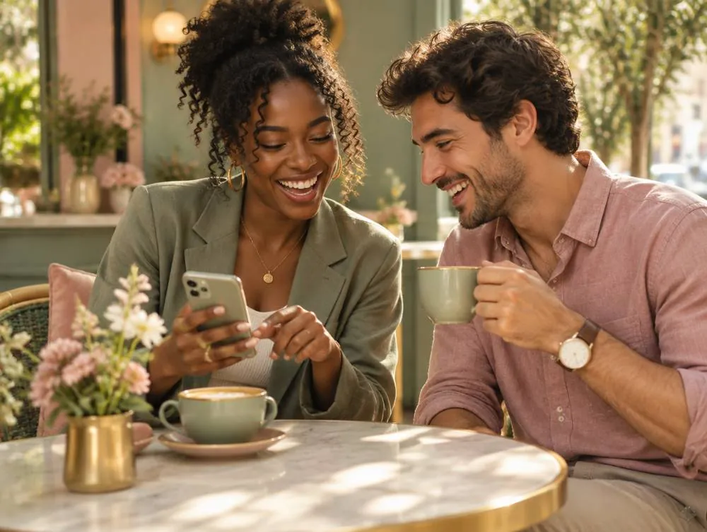 Two friends laughing over coffee while one shares something on her phone