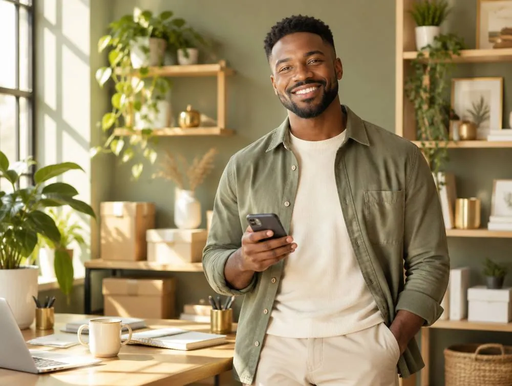 A smiling business owner checking his phone in a bright studio office